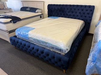 Navy Blue Velvet Tufted Upholstered Bed Frame