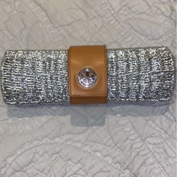 Tory Burch Silver Rattan Wicker Purse Clutch Natural Leather Band