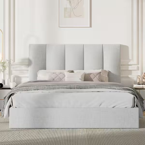 Light Grey Plywood Frame King Size Linen Upholstered Platform Bed with Lifting Storage
