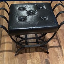 Antique Vintage Black Leather Iron Metal Stool