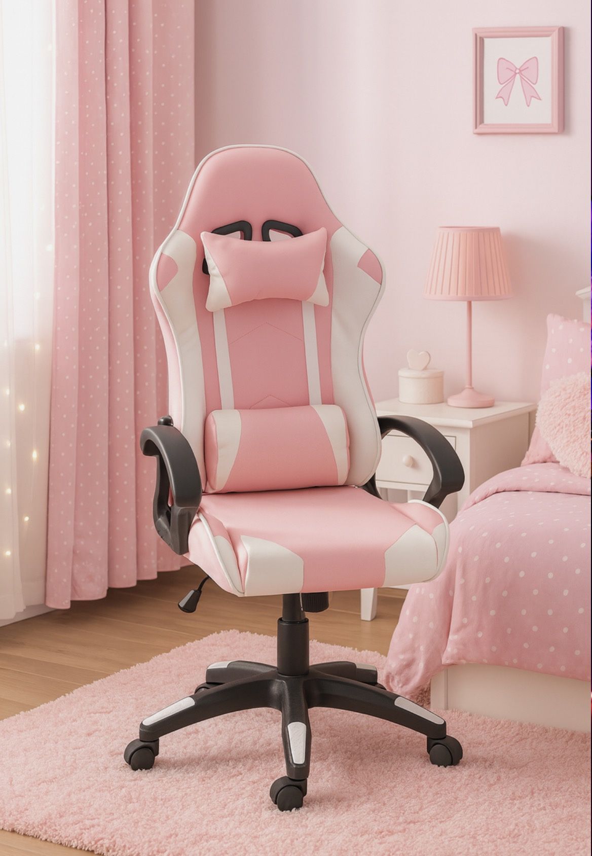 Pink Gaming Chair PU Leather Office Chair White & Pink Swivel Chair New