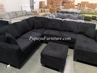 NEW Black Chenille Fabric Sectional Sofa LARGE U Shape Dark Grey Modern and Chaise Set Big SALE Ashley Style Discount Furniture Warehouse Clearance