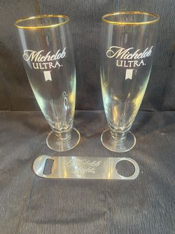 (2) Michelob Ultra 16oz Glasses W/Gold Rim Michelob Light Bottle Opener