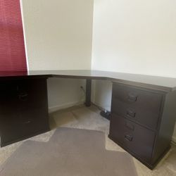 Pottery Barn Bedford Corner Desk - Dark Brown. Total of 3 filing cabinets and 2 drawers.