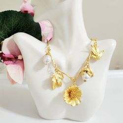 18k gold retro bird floral flower charm women's ladies pendant necklace gift