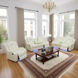 White Leather Power Recliner Couch Set