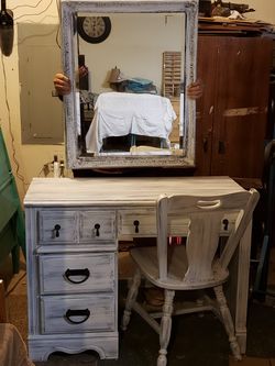 Vanity with mirror and chair