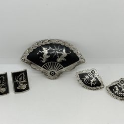 Vintage SIAM 925 Sterling Silver "Dancing Goddess" Pin, Earrings, Cufflinks Set