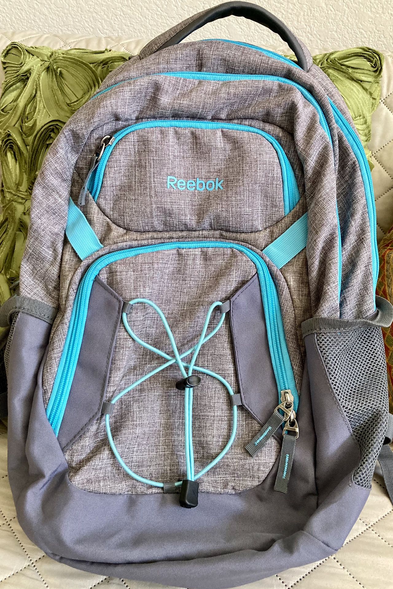 Reebok Gray & Turquoise Backpack w/ multiple zippered pockets 