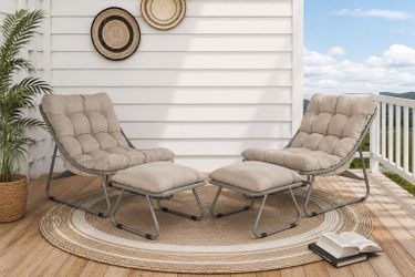 New in box Set of 2 Grand Patio Outdoor Lounge Chair With Ottoman Comfy Sling Recliner Chair With Puffy Cushion Samba Modern Patio Furniture Set