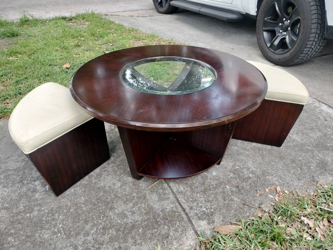 ✨Round Solid Wood Glass Top Coffee Table with Hidden Stools – Stylish & Space-Saving!💫