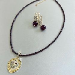 UNIQUE Natural Garnet Necklace Set with CZ micro pave Lion Pendant and Real 18K Gold Plated Earrings - Burgundy & gold - Handmade Necklace