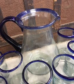 Vintage 28 piece Mexican blue rim blown glass