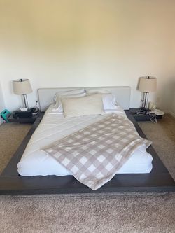 MODLOFT WORTH BED Queen Size, White Eco Leather Headboard, Wenge Frame, Mattress, Lamps Excluded.
