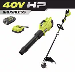 RYOBI 40V HP Brushless 600 CFM 155 MPH Cordless Leaf Blower and Carbon Fiber String Trimmer with 4.0 Ah Battery and Charger