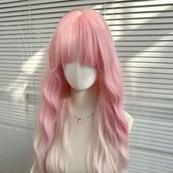 26inch Pink to Blonde Long Curly Wig with Bang