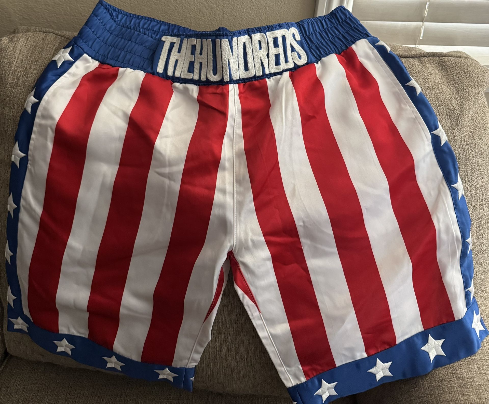 The Hundred X Rocky Apollo Creed American Flag Satin Boxing Shorts Size XL