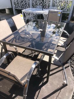 Outdoor Patio Tempered Frosted Glass NEW Table With 6 Aluminum Stackable NEW Chairs