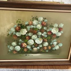 Floral Still Life Painting with Wood Frame By Miner Approx “42 X 30”
