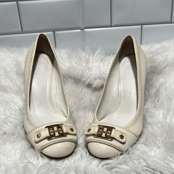 TORY BURCH NATALYA MID SIZE 7 CREAM GOLD WOMEN WEDGE HEEL SHOES