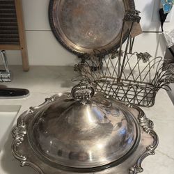 Vintage Gorham Strasbourg Serving Dish w Lid, FB Rogers Tray, & Grape Pattern Basket 