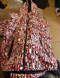 Michael Kors Red, Black & White Logo-Print Hooded Puffer Jacket XL