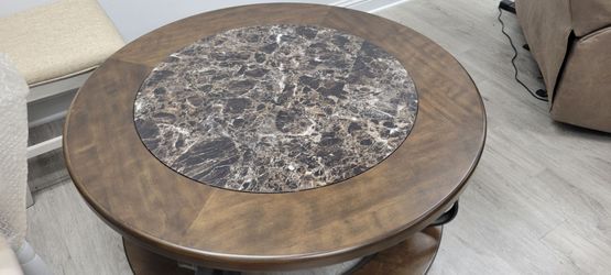 42" Round Marble + Wood Coffee Table