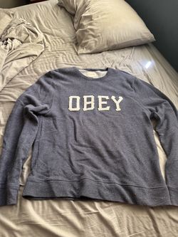RARE! OBEY Worldwide Propaganda Varsity Letter OBEY Sweater. Mens Size: L. Blue Spot/White. 80% Cotton / 20% Polyester. OBEY Exclusive. YALE Style Let
