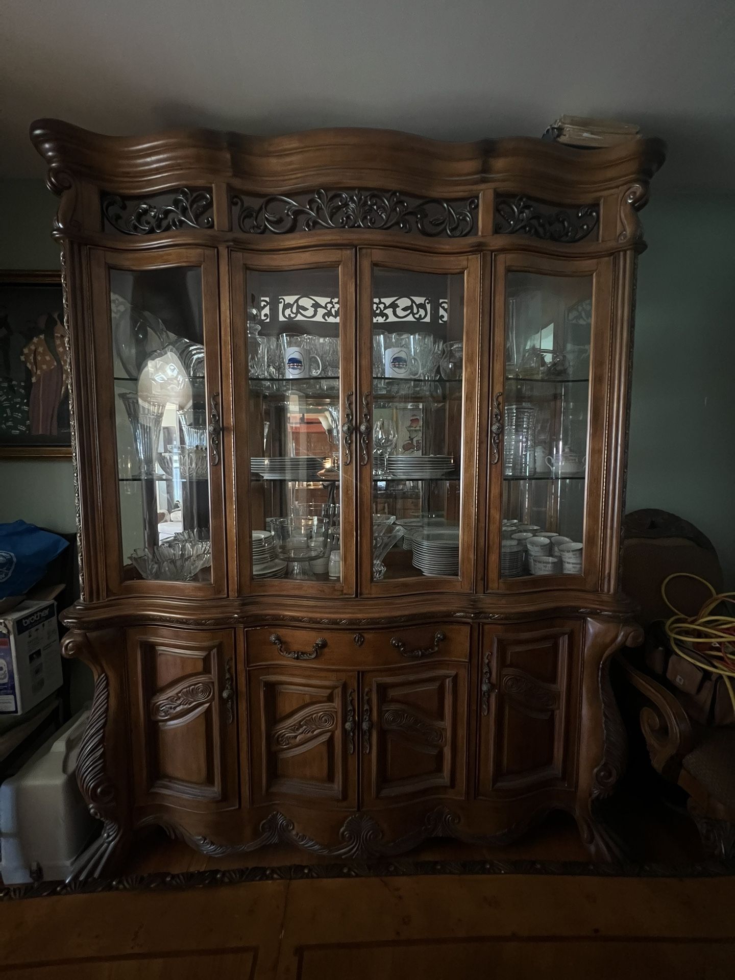 Solid Wood Antique Cabinet, Dining Table And Buffet 