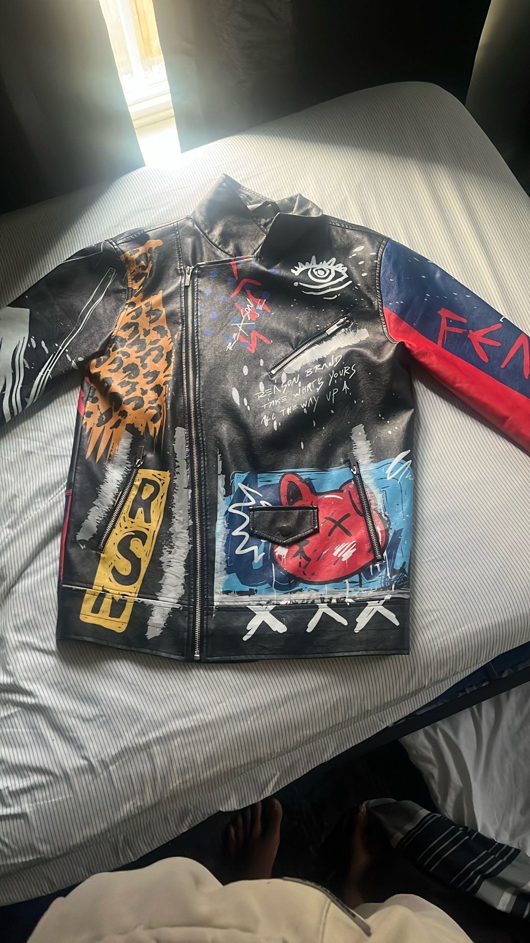 Graffiti Printed Leather Jacket, Size M