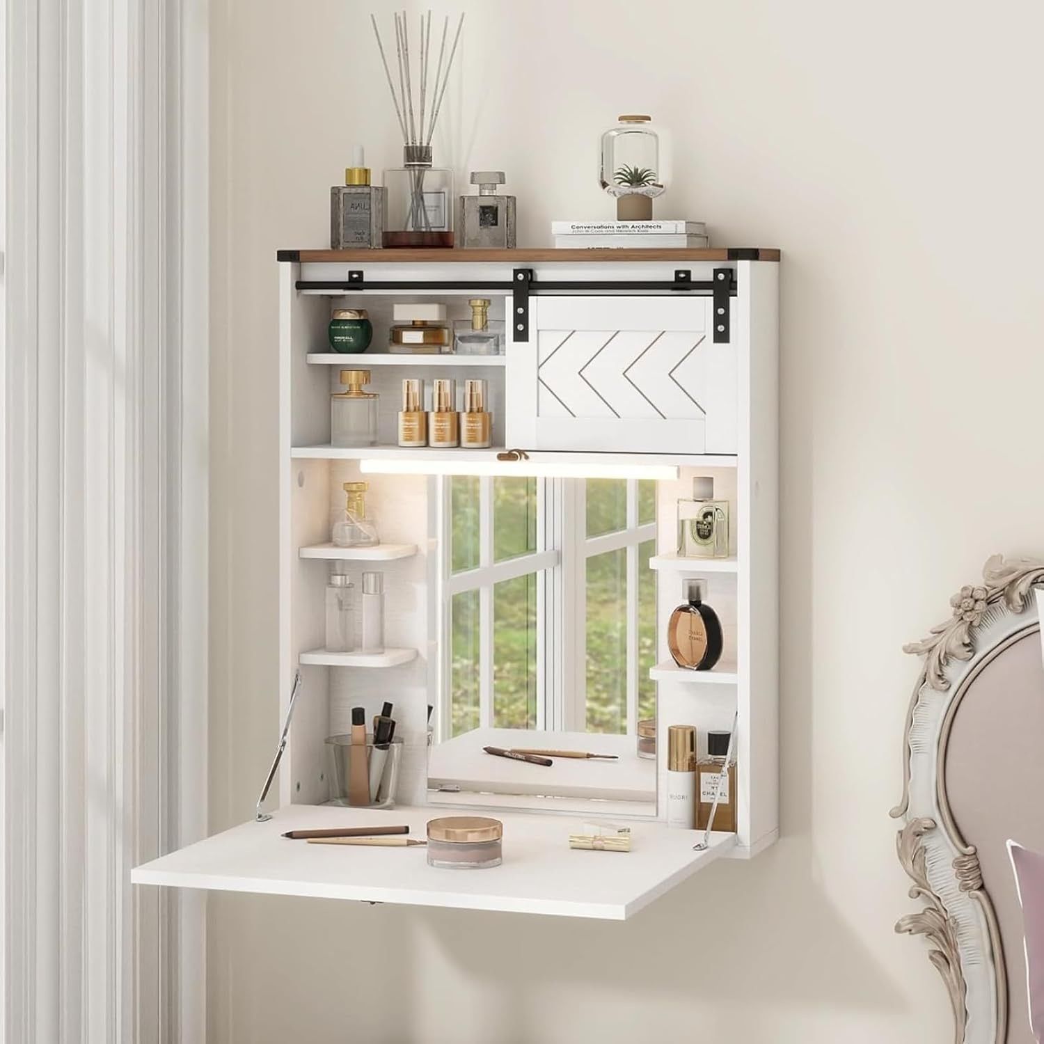 Floating Vanity Desk with Mirror and Lights Small Wall Mounted