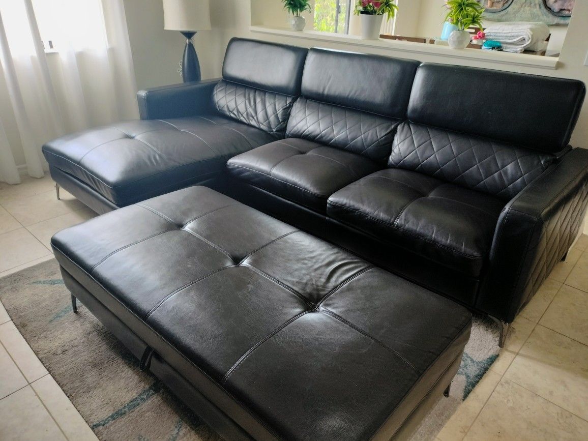 Black Bonded Leather Couch (Sectional) w/Chaise + Storage Ottoman