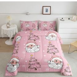 Castle Fairy Santa Claus Comforter Set,Pink Christmas Tree Bedding Set for Kids Girls Women,Adults Xmas Theme Comforter,Snowflake Quilted Duvet Set Be