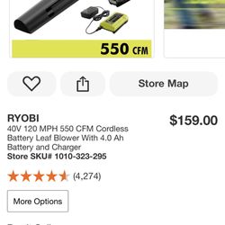 RYOBI 40V 120 MPH 550 CFM Cordless Battery Leaf Blower With 4.0 Ah (Tool Only)