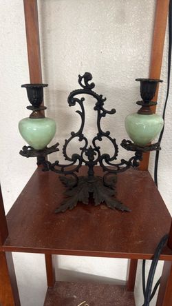 Antique Bronze Two-Arm Candelabra with Green Glass