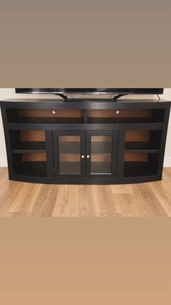Black Wood TV Stand with Glass Cabinet Doors