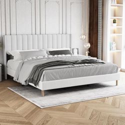 Upholstered Platform Bed Frame White, King