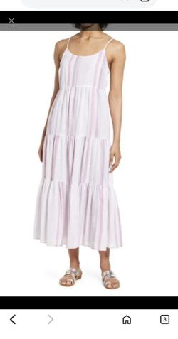beachlunchlounge Lana Stripe Linen & Cotton Tiered Midi Sundress in Viola Lg