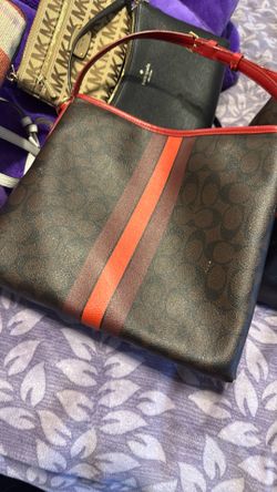 COACH F38402 Signature Varsity Stripe Crossbody Bag Brown Red PVC