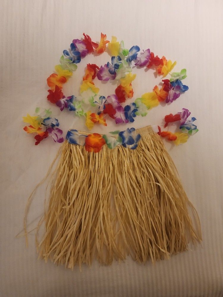 Hula Grass Skirt Child's Costume. Size M Flower Leis Included. 