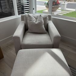 Beautiful Linen Lounge Chair And Ottoman. Perfect Condition.