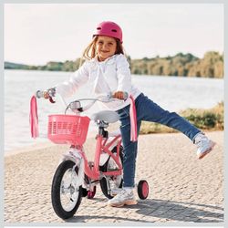16 Inch Kids Bike  for 3-10 Years, Princess Height 41"-46" with Training Wheels  Basket,Pink W-70