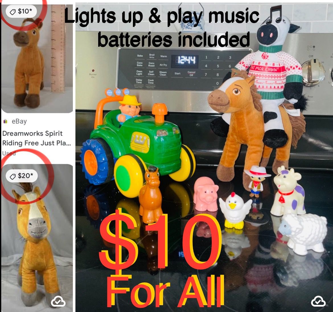 $10 For All Bundle of Farm animals and tractor 🚜 + Characters + plushies lights up & Music 🎵