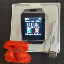 D-Series White Smart Watch  + 5.0 Red Wireless Earbuds 