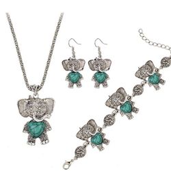 3pcs Tibetan Turquoise Lucky Elephant Jewelry Set 