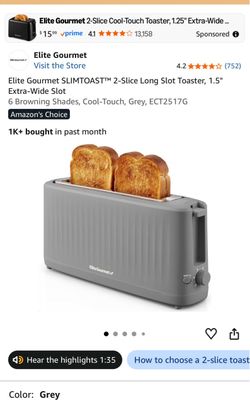 Elite Gourmet 2-Slice Long Slot Toaster Grey