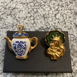 Vintage Goldtone Brooch /pins.Tea Kettle And Mary/baby Jesus,by Avon 
