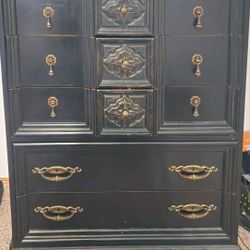 Vintage 1970s Solid Wood Statement Dresser – Ornate Carved Details – 5 Drawers