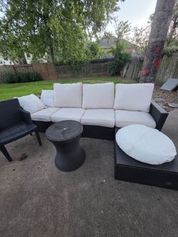 Large  Outdoor Wicker Sectional Patio Set Ottoman  Chair + Lift Top Cooler Table