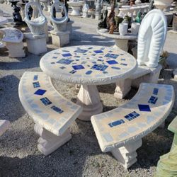 Concrete Mosaic Picnic Table with 3 Benches/ Outdoor Patio Furniture